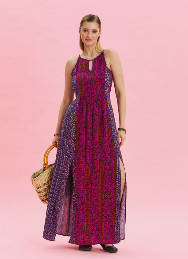 Halter Neck Slit Detailed Purple Long Dress 4610